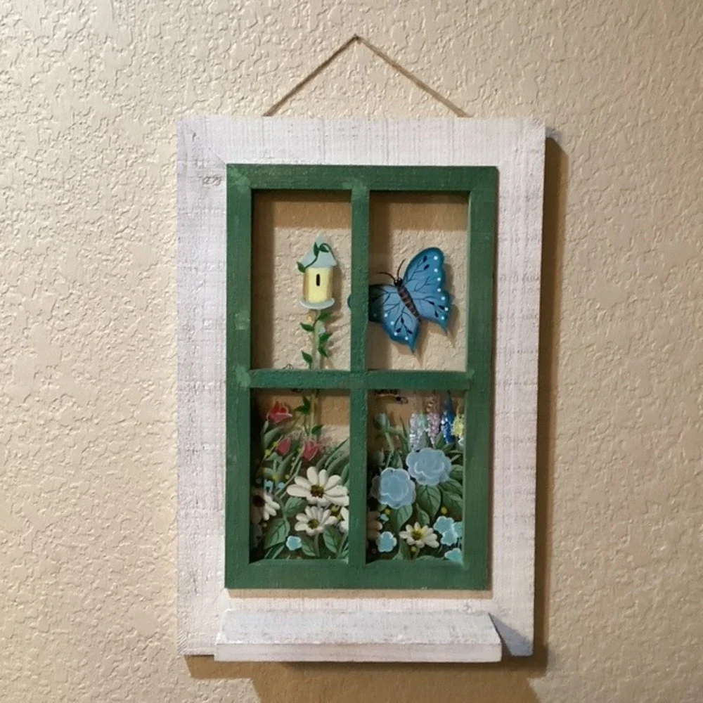 Charming Window Scene Shelf Wall‎ Decor Butterfly Birdhouse Flowers Garden Art
